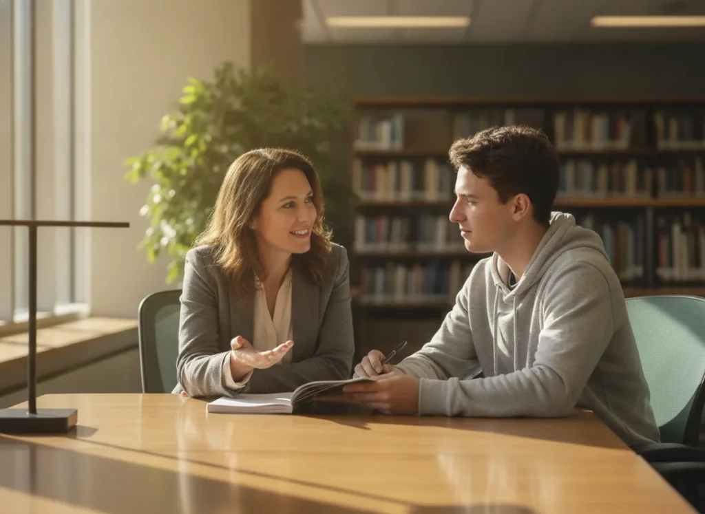 real photo of a student counselor answering questions